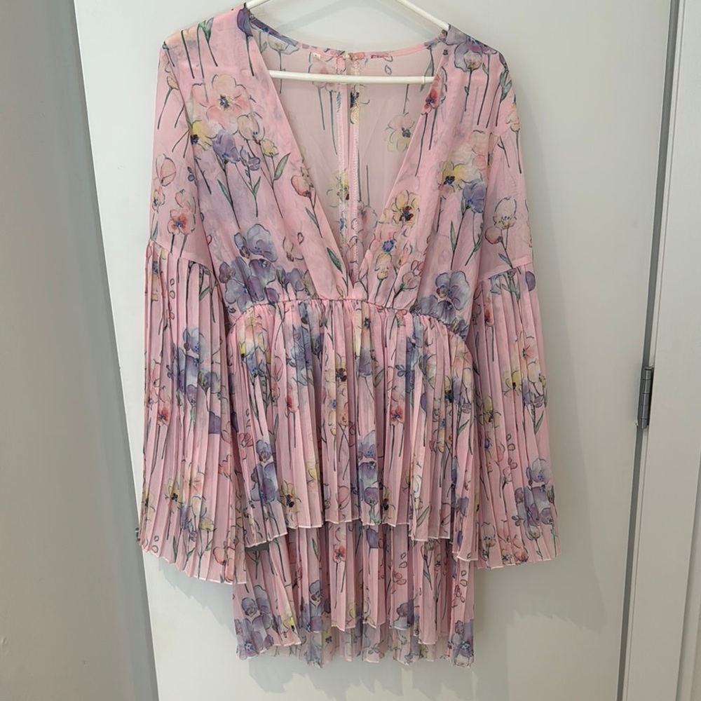 SHEIN Pink Pleated Long Sleeve Blouse